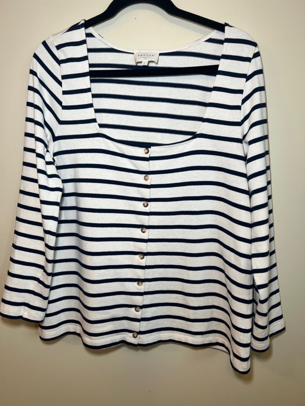 Sézane Women’s Large Navy White Striped 100% Cotton Boat Neck Button Down Shirt - Picture 2 of 10